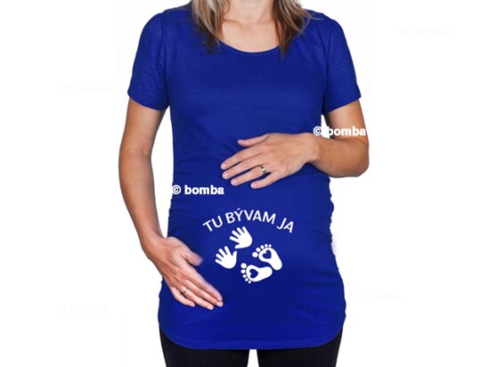 Modré těhotenské tričko s nápisem Tady bydlím já SK