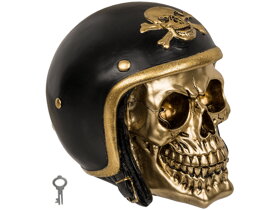 Pokladnička zlatá lebka s motorkářskou přilbou